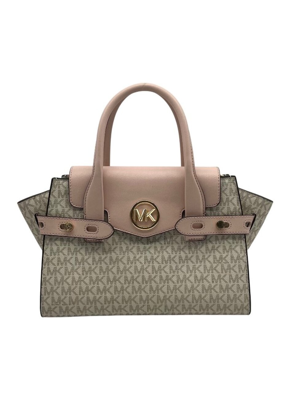 Michael Kors Carmen Vanilla/Powder Blush Signature Canvas Medium Belted Satchel